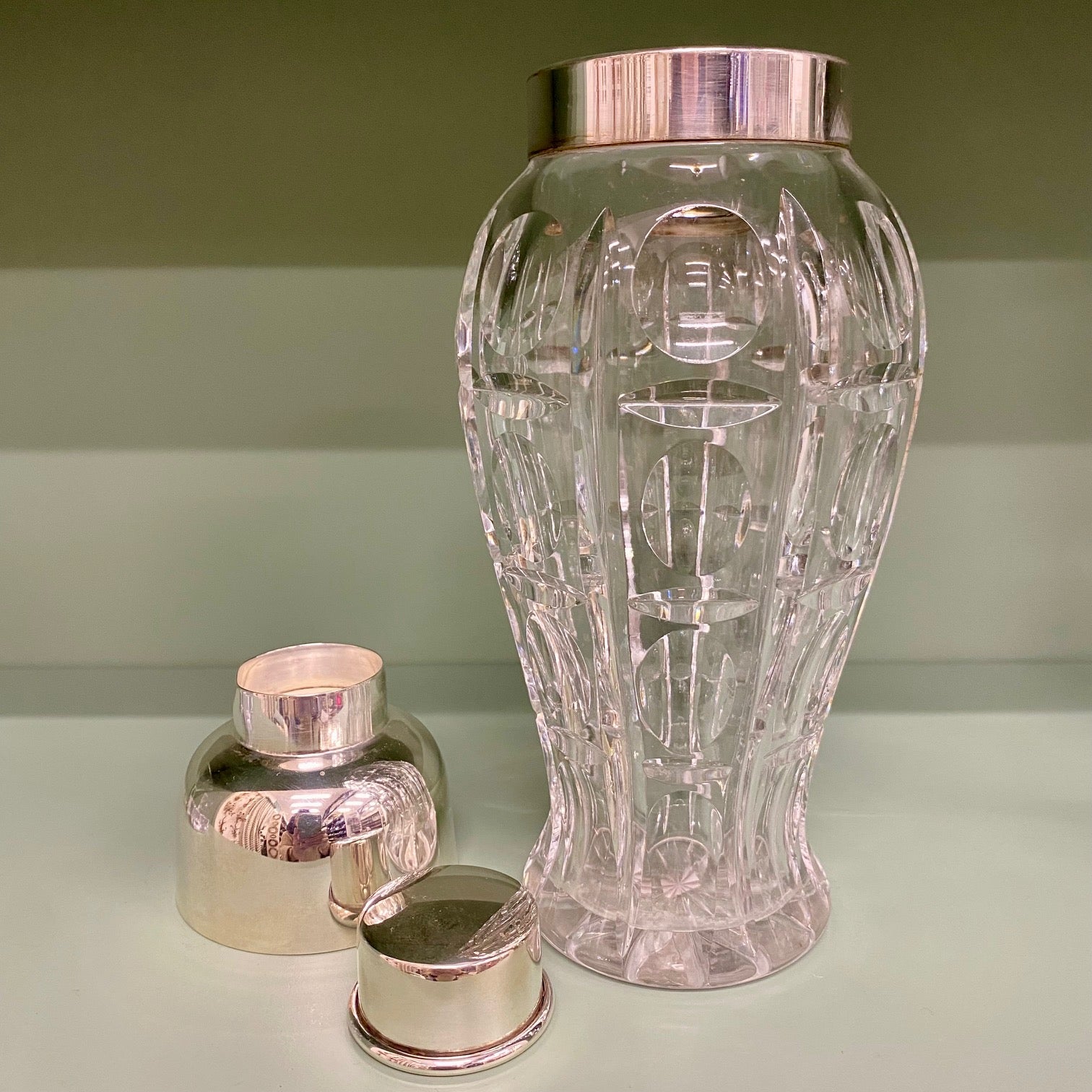 Beautiful Cut Crystal Cocktail Shaker with Silver Plated Lid