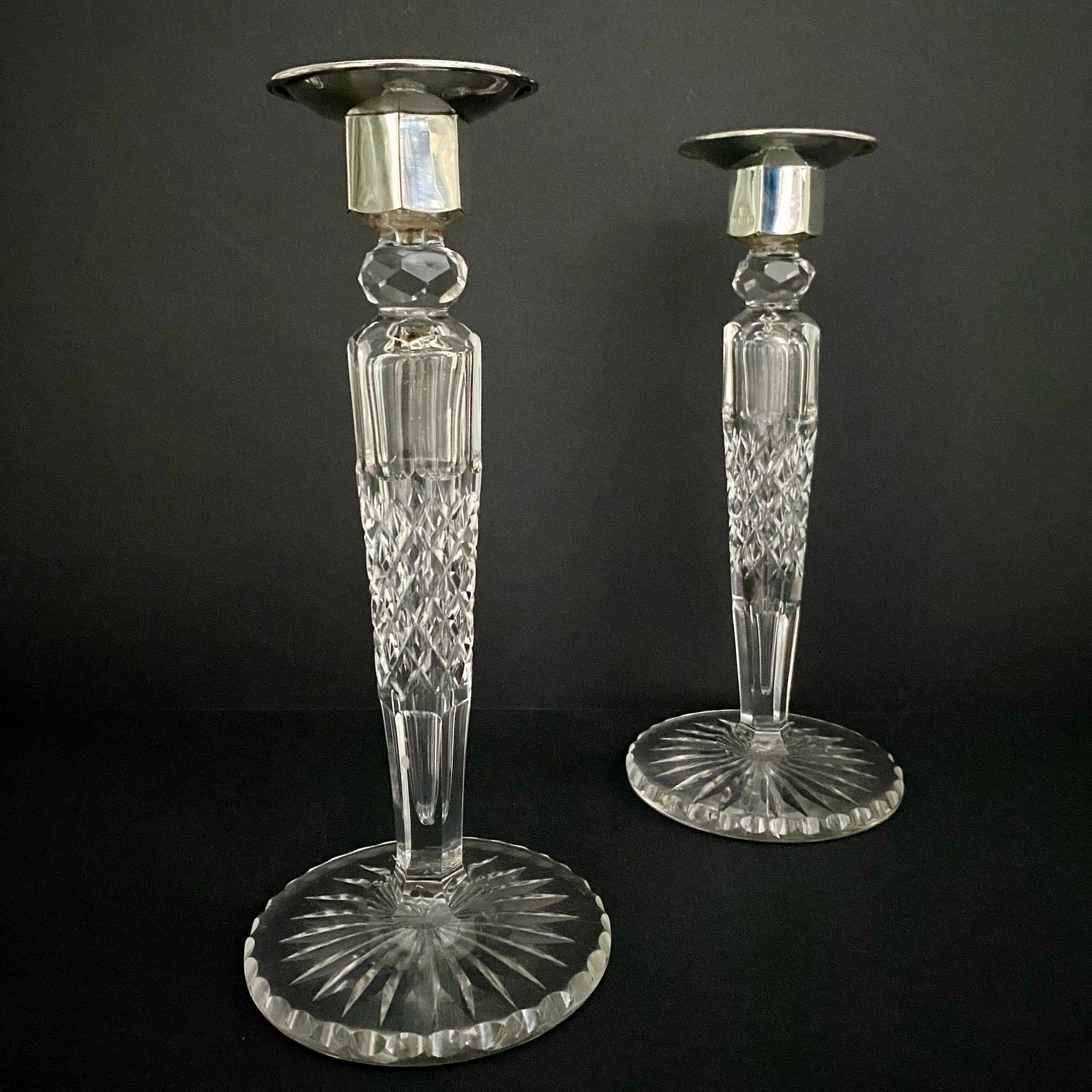 Pair Fabulous Tall Crystal Silver Topped Candlesticks