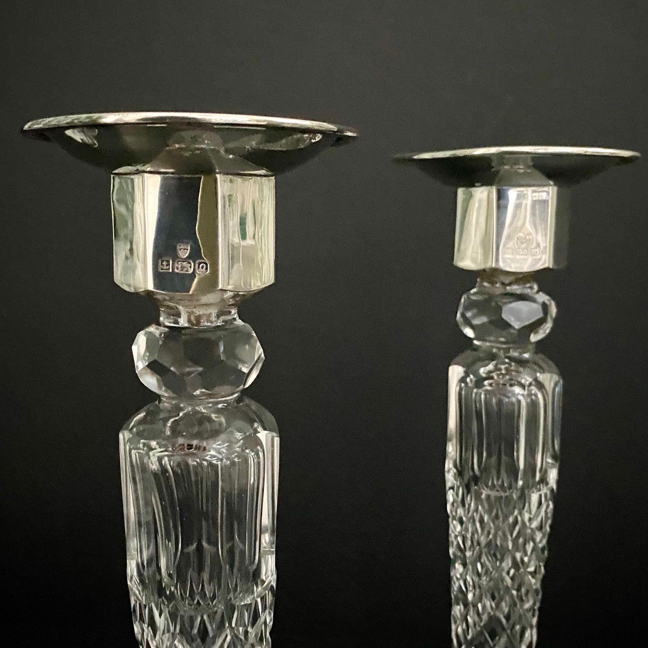 Pair Fabulous Tall Crystal Silver Topped Candlesticks