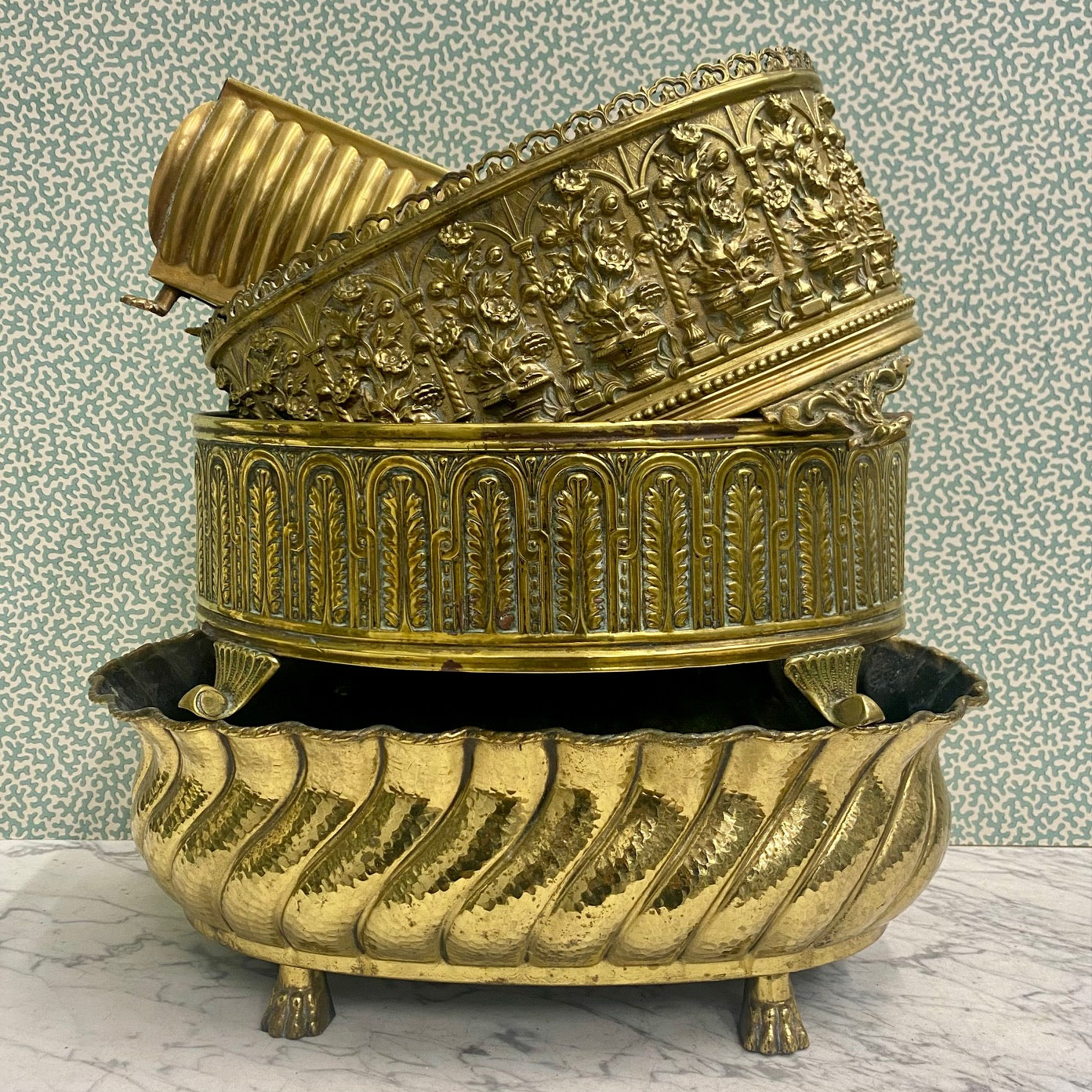 Stunning Antique Brass Planter with Floral Decoration