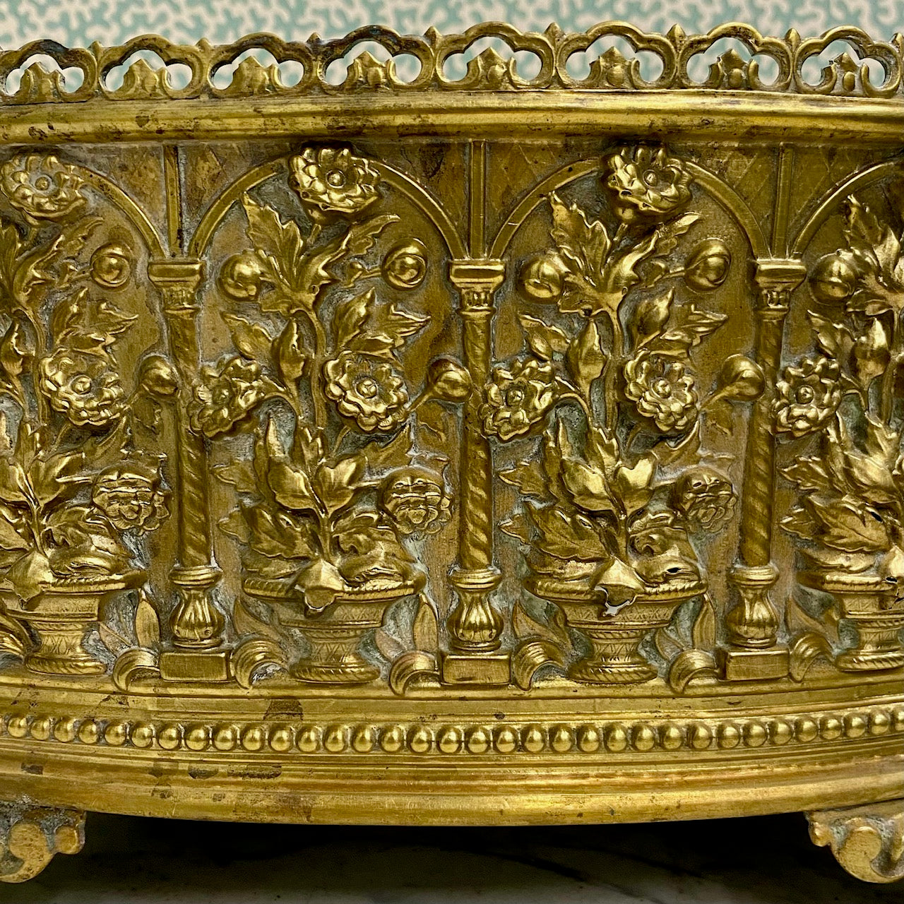 Stunning Antique Brass Planter with Floral Decoration