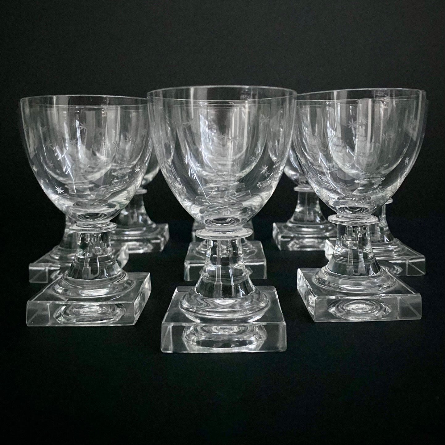 Set 9 Victorian Crystal Sweet Wine Glasses Etched with Stars