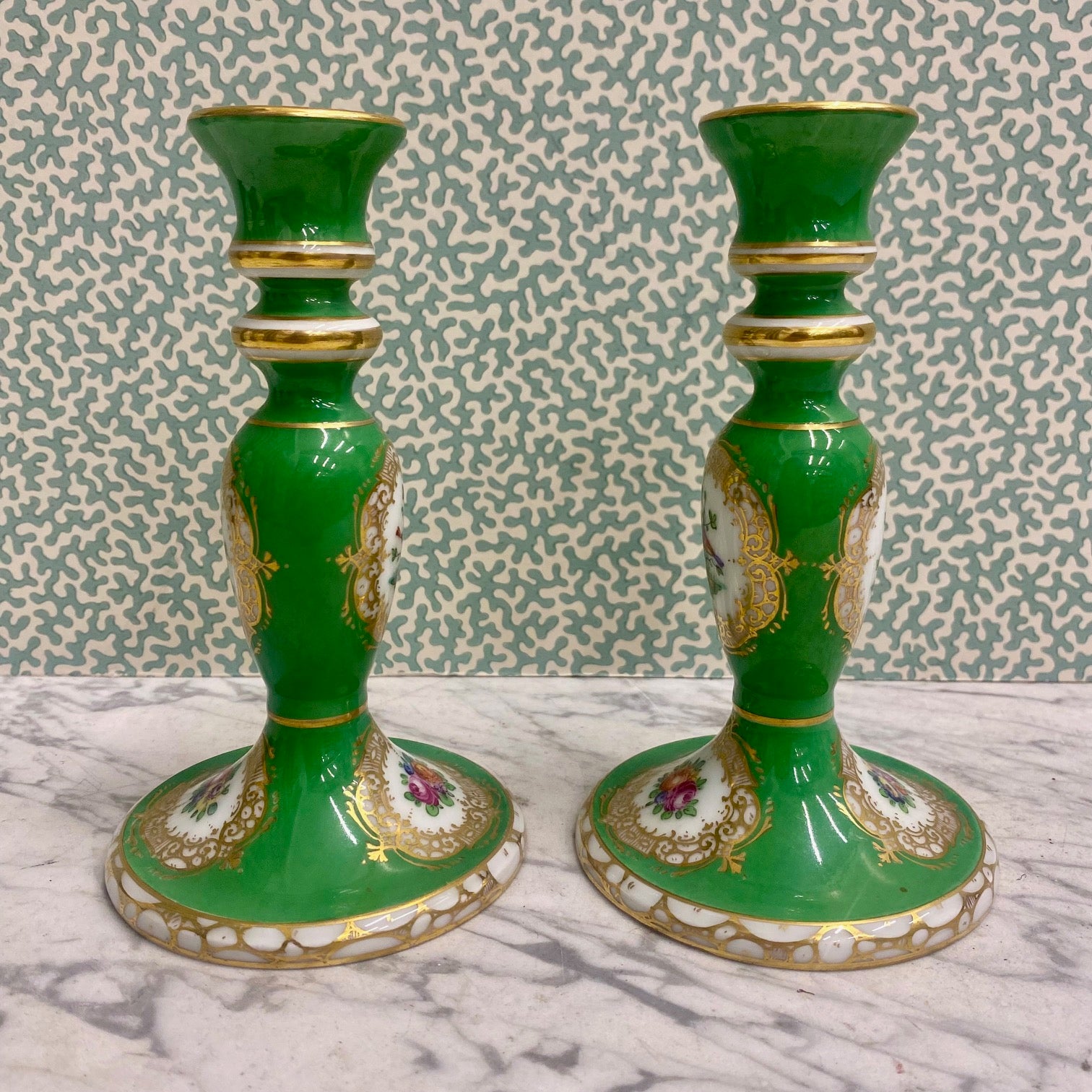 Pair Porcelain Green Gilt Floral Bird Candlesticks