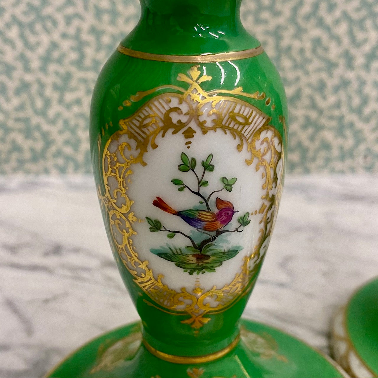 Pair Porcelain Green Gilt Floral Bird Candlesticks