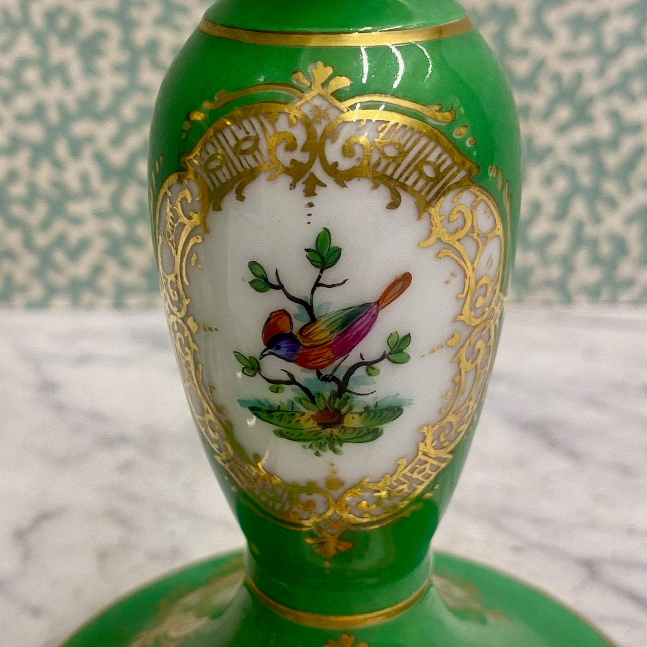 Pair Porcelain Green Gilt Floral Bird Candlesticks