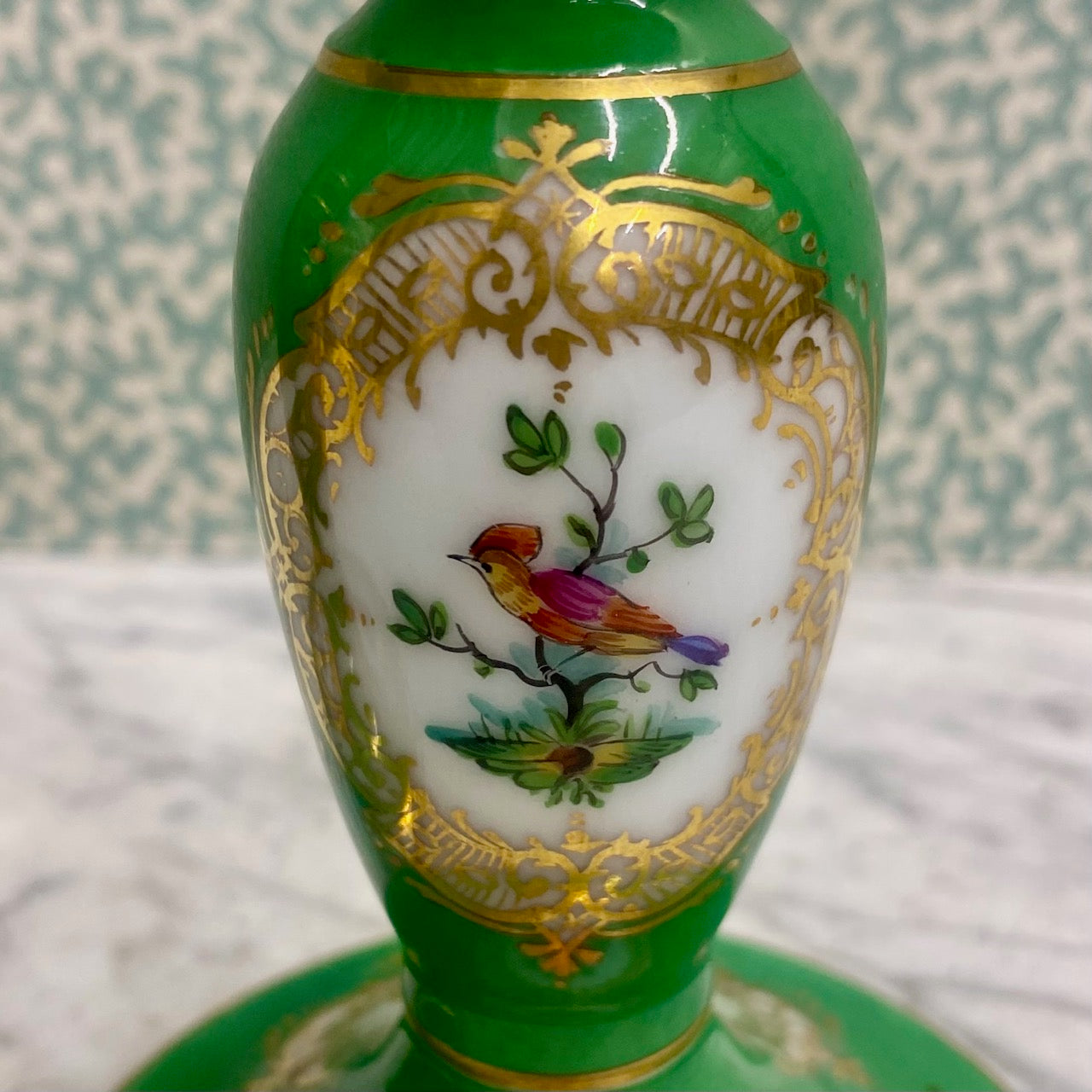 Pair Porcelain Green Gilt Floral Bird Candlesticks