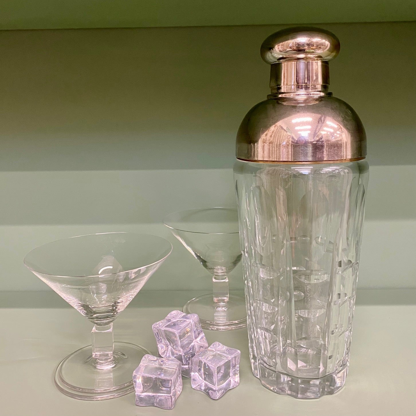 Cut Glass Cocktail Shaker with Silver Plated Domed Lid