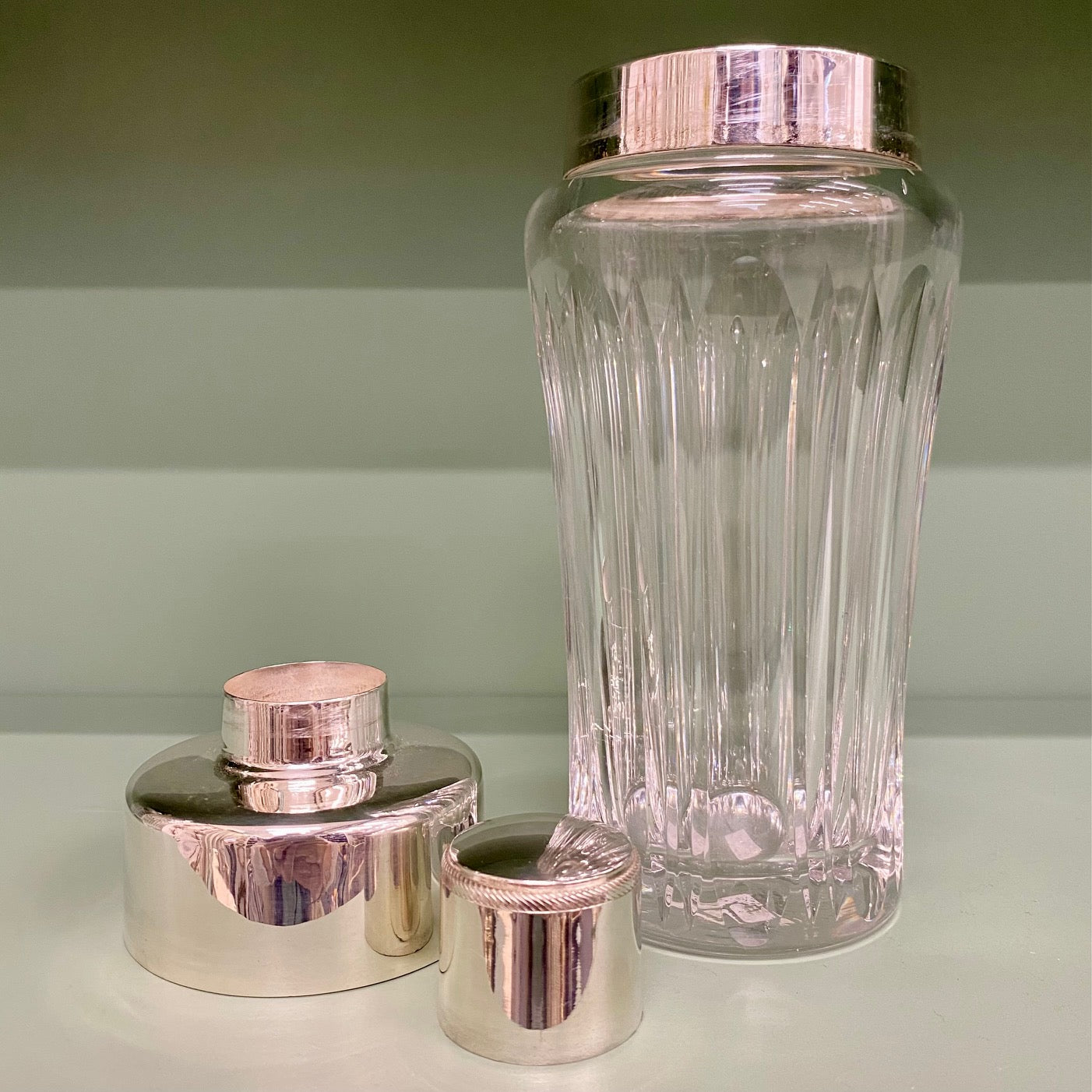 Cut Glass 1950's Cocktail Shaker with Silver Plated Lid