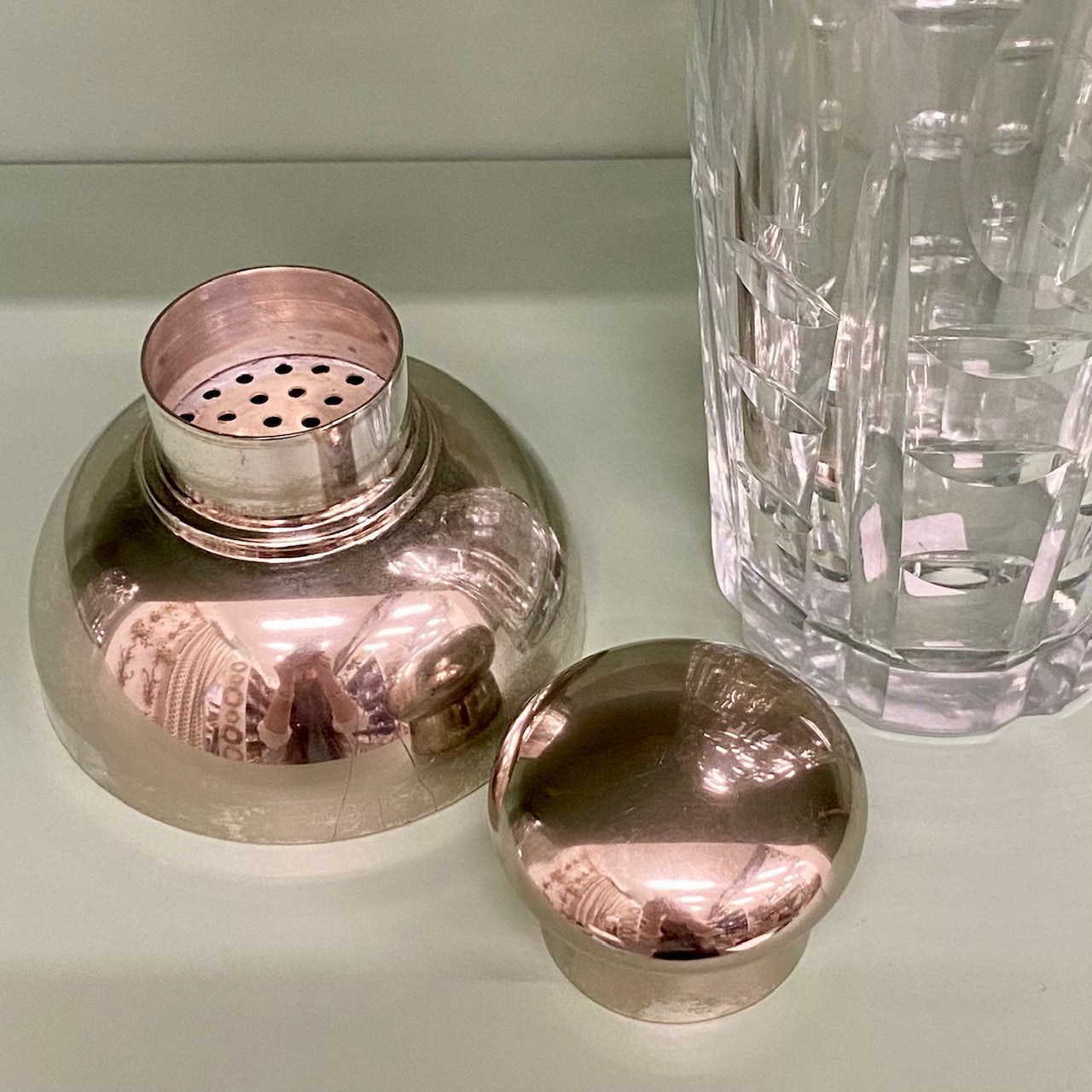 Cut Glass Cocktail Shaker with Silver Plated Domed Lid