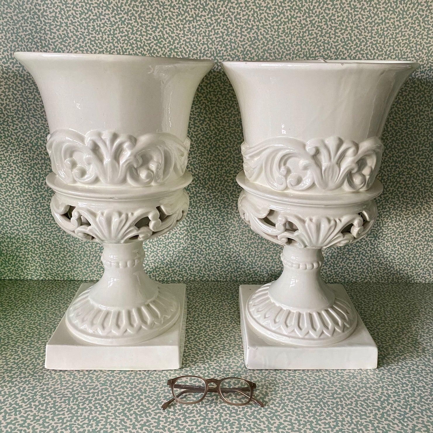 Pair Large White Ceramic Urns