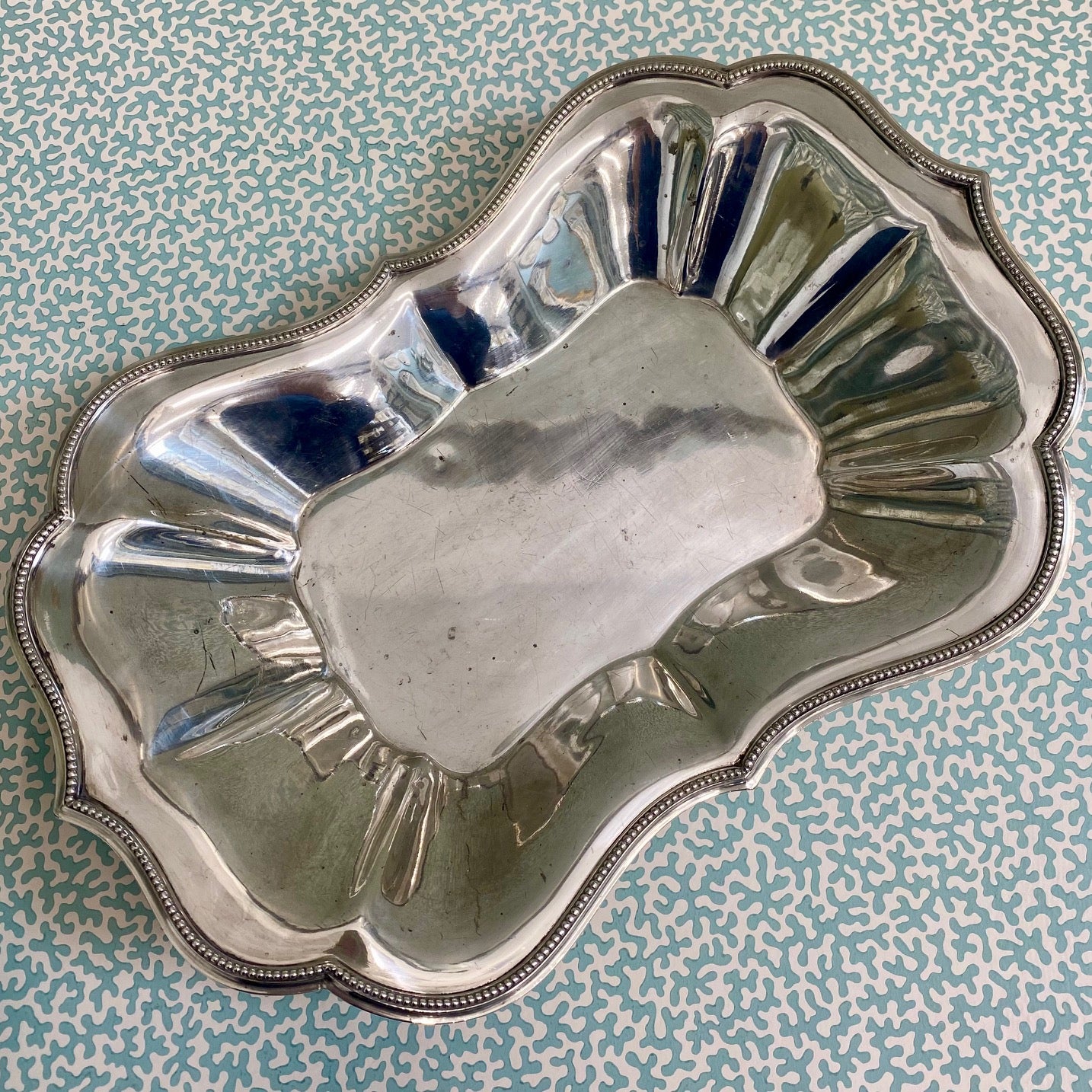 Silver Plate Deep Serving Dish with Beaded Scalloped Edge C193