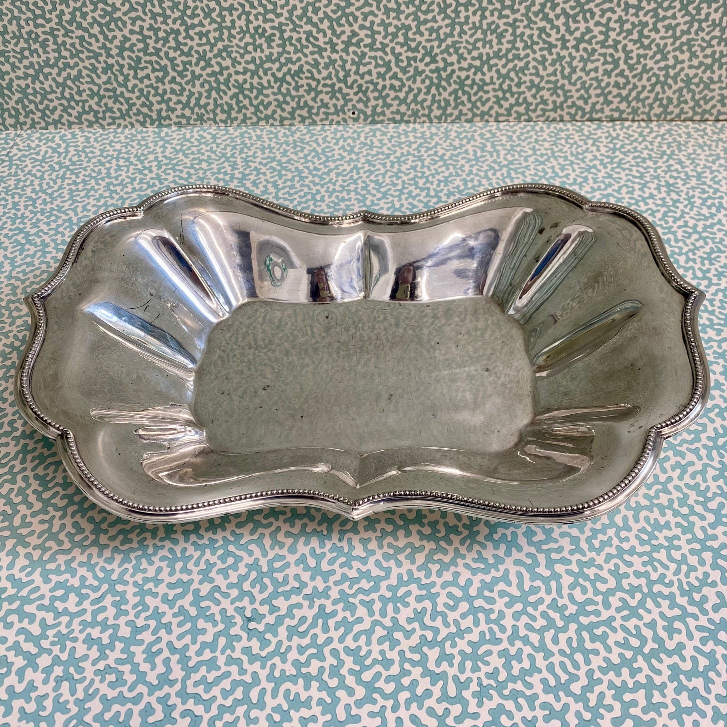 Silver Plate Deep Serving Dish with Beaded Scalloped Edge C193