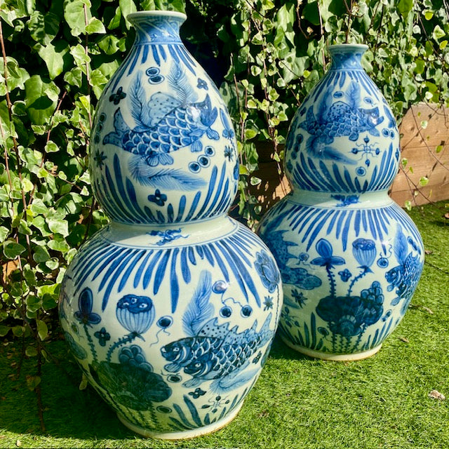 Pair Huge Vintage Blue & White Gourd Vases