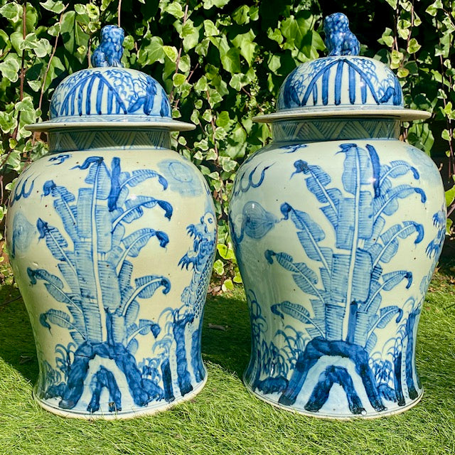 Pair Vintage Large Blue & White Ginger Jars