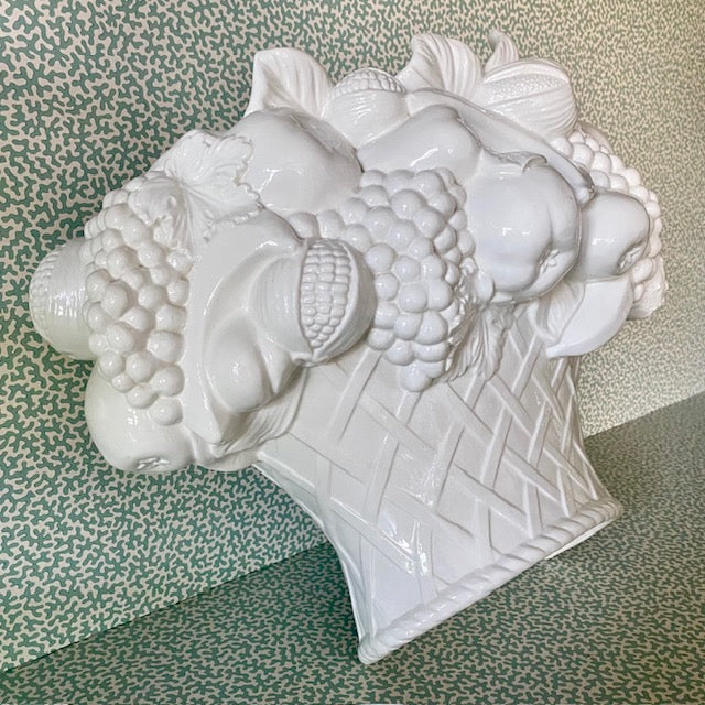 Large Vintage White Ceramic Fruit Basket Wall Pocket