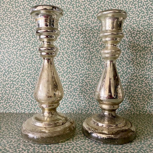 Pair Large Antique Mercury Glass Candlesticks