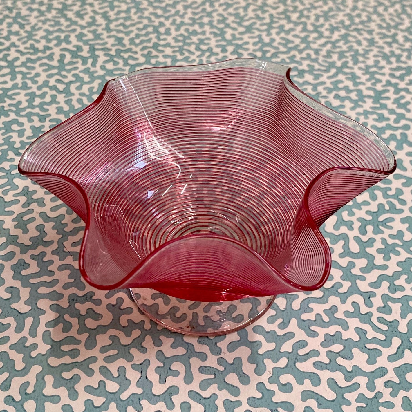 Cranberry Bonbon Threaded Glass with Frill Edge V61
