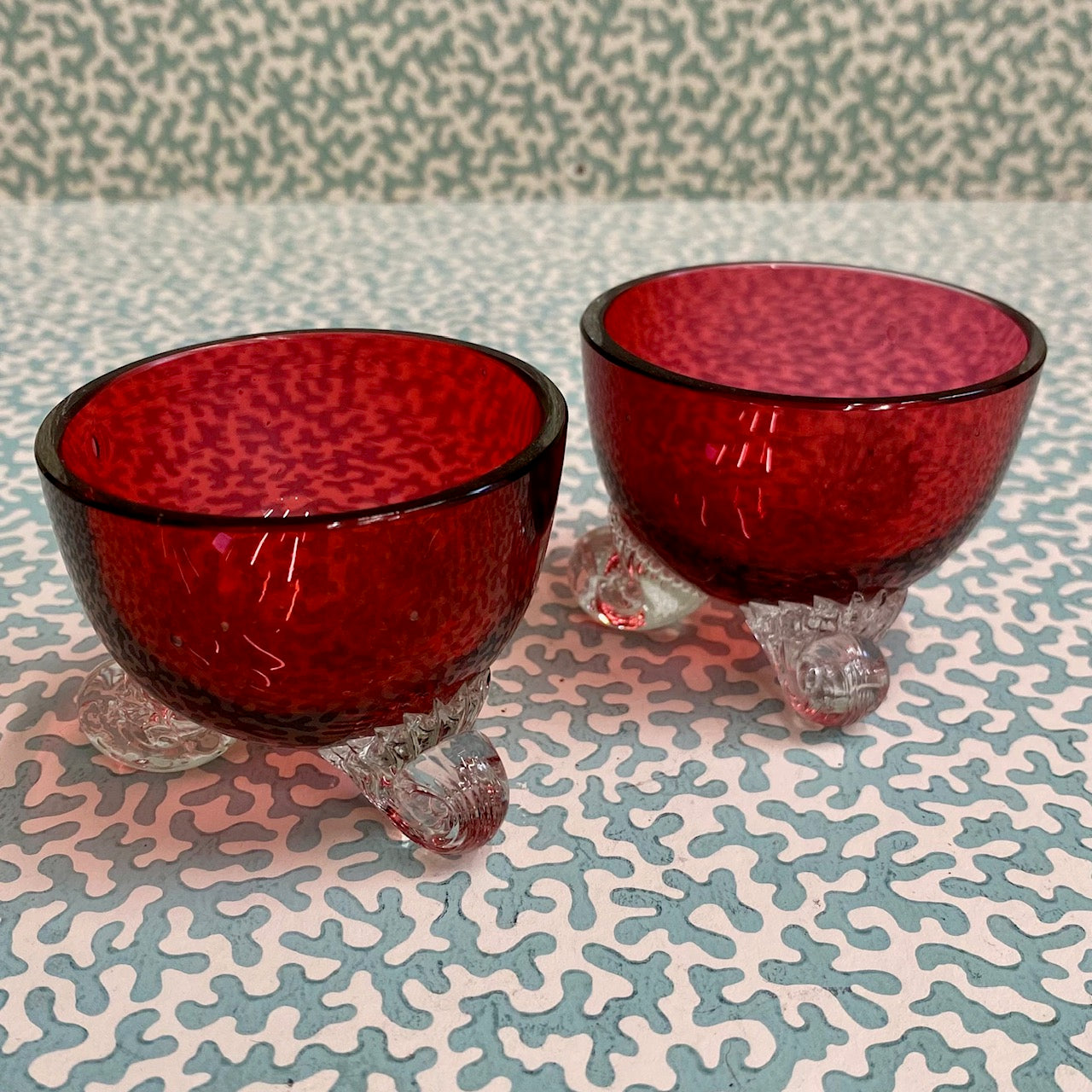 Pair Cranberry Glass Salts on Scroll Feet T21