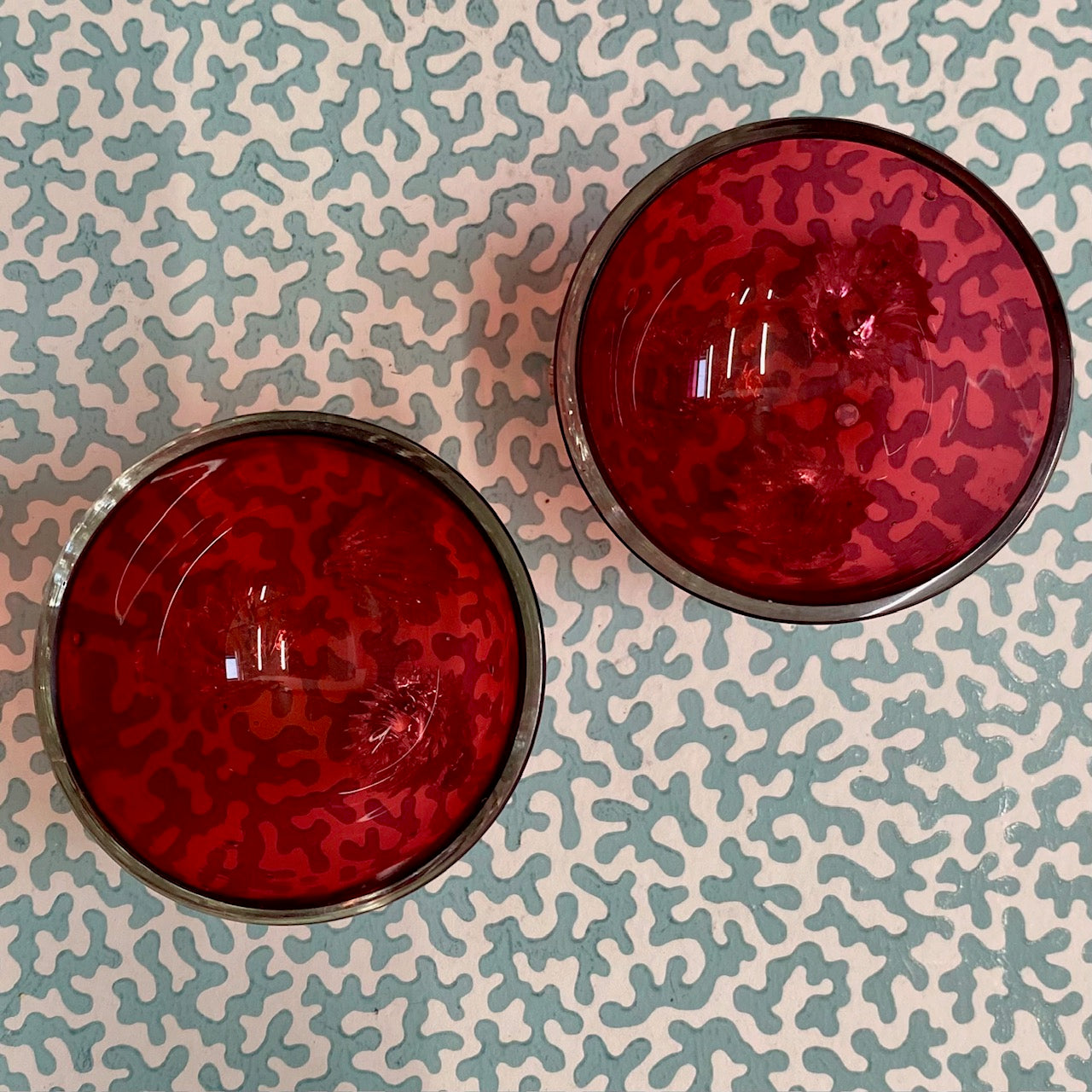 Pair Cranberry Glass Salts on Scroll Feet T21