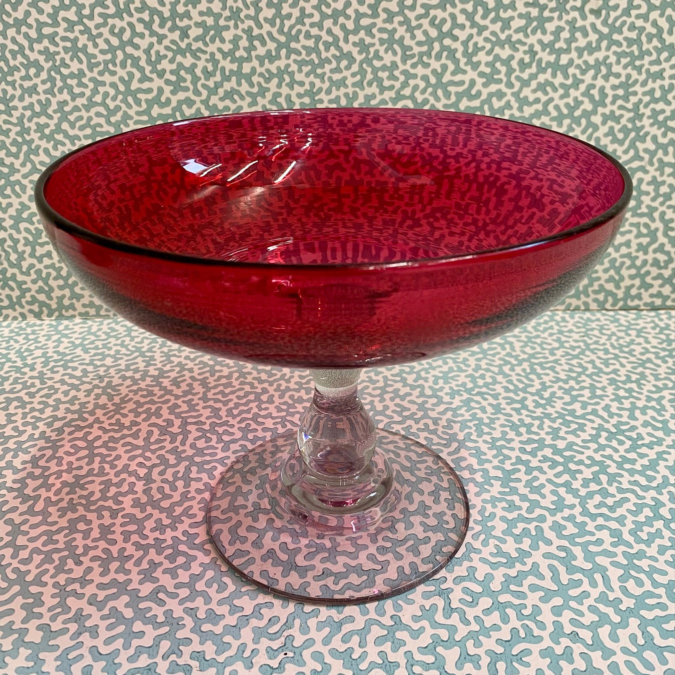 Cranberry Glass Tazza on Clear Pedestal S21