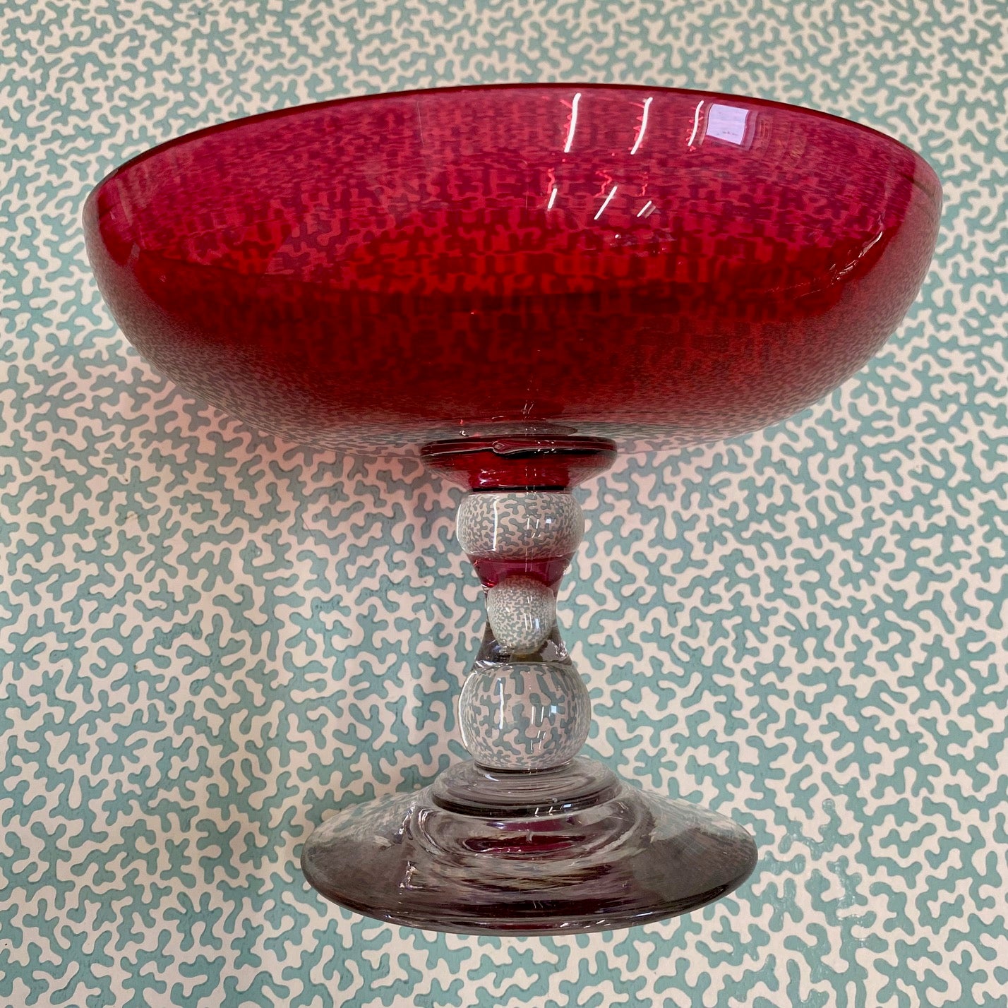 Cranberry Glass Tazza on Clear Pedestal S21