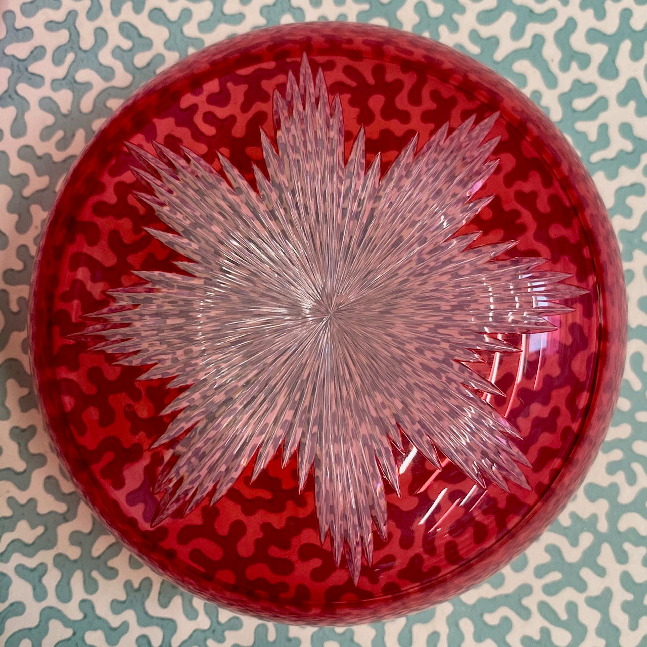 Pair Cranberry Glass Finger Bowls with Star Cut Base S23