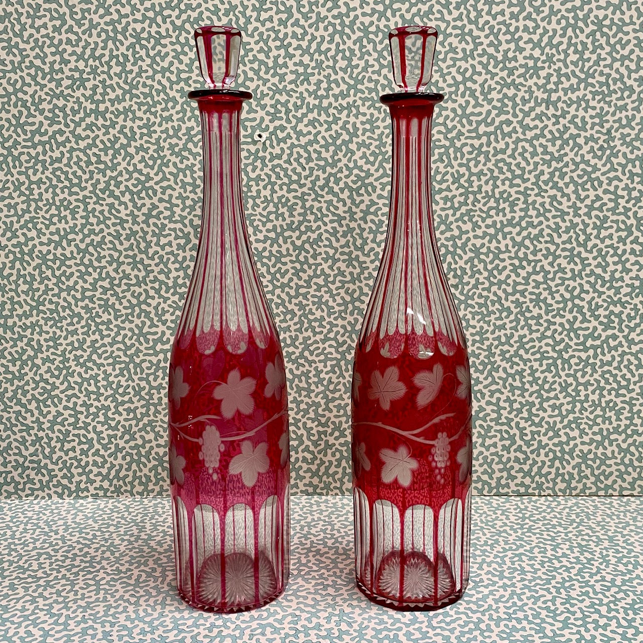 Pair Cranberry Glass Decanters Z95