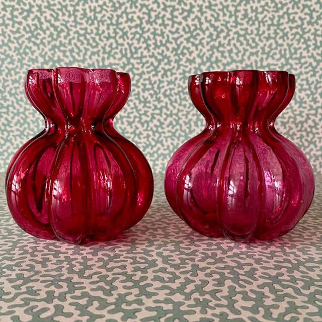 Pair Victorian Cranberry Glass Bulb Vases