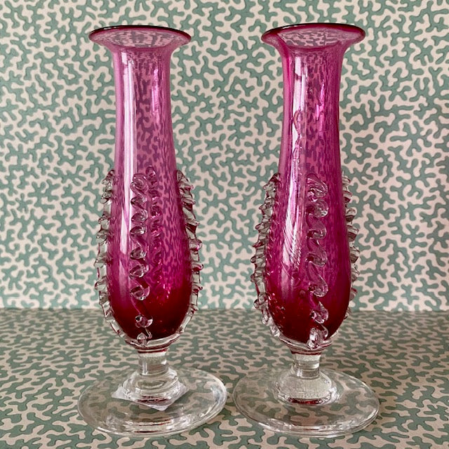 Pair Small Cranberry Glass Stem Bud Vases