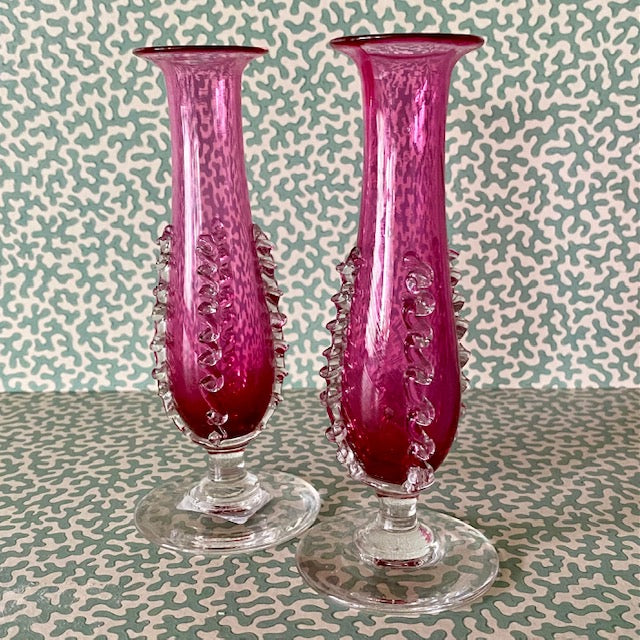 Pair Small Cranberry Glass Stem Bud Vases