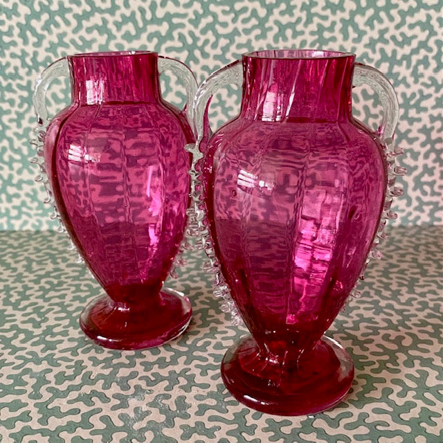 Pair Small Cranberry Glass Posy Vases