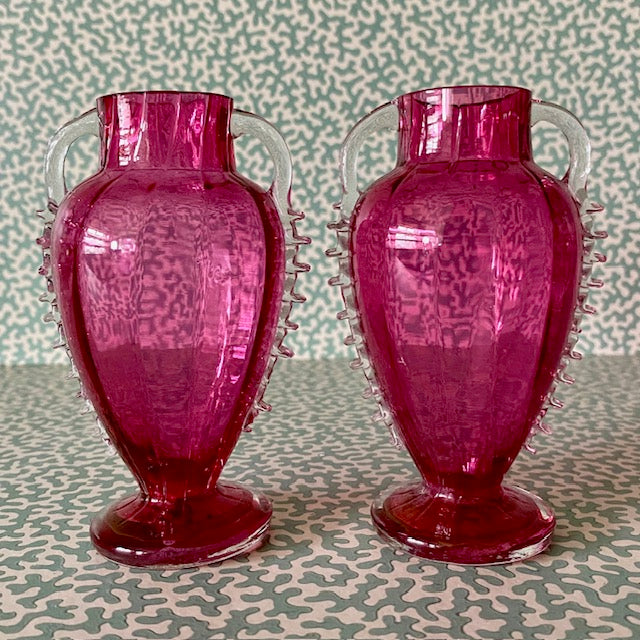 Pair Small Cranberry Glass Posy Vases