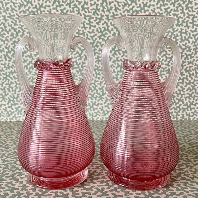 Pair Pink Thread Glass Urn Vases