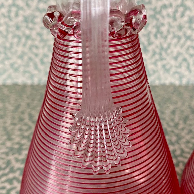 Pair Pink Thread Glass Urn Vases