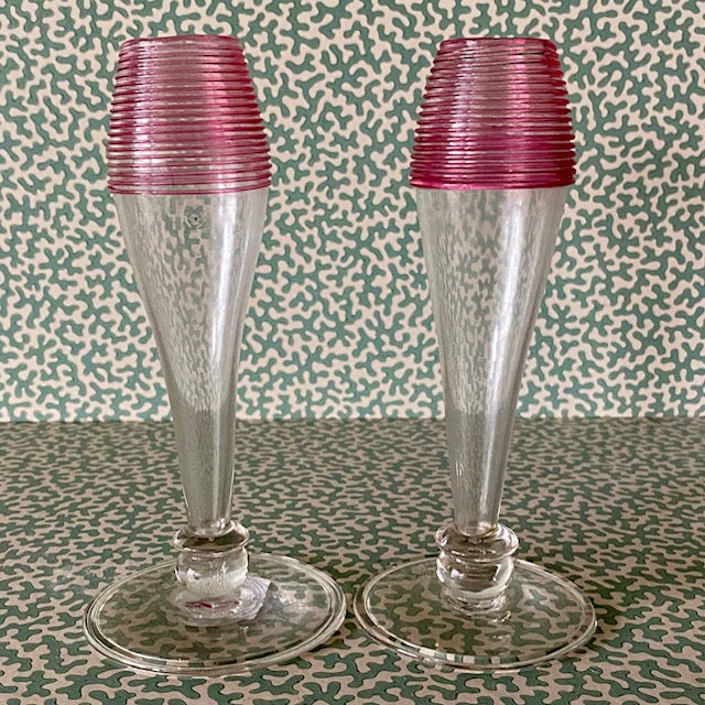 Pair Pink Thread Topped Stem Bud Vases