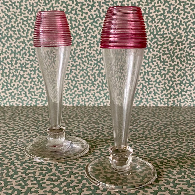 Pair Pink Thread Topped Stem Bud Vases