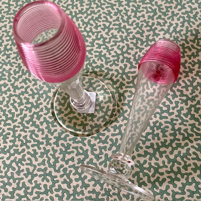 Pair Pink Thread Topped Stem Bud Vases