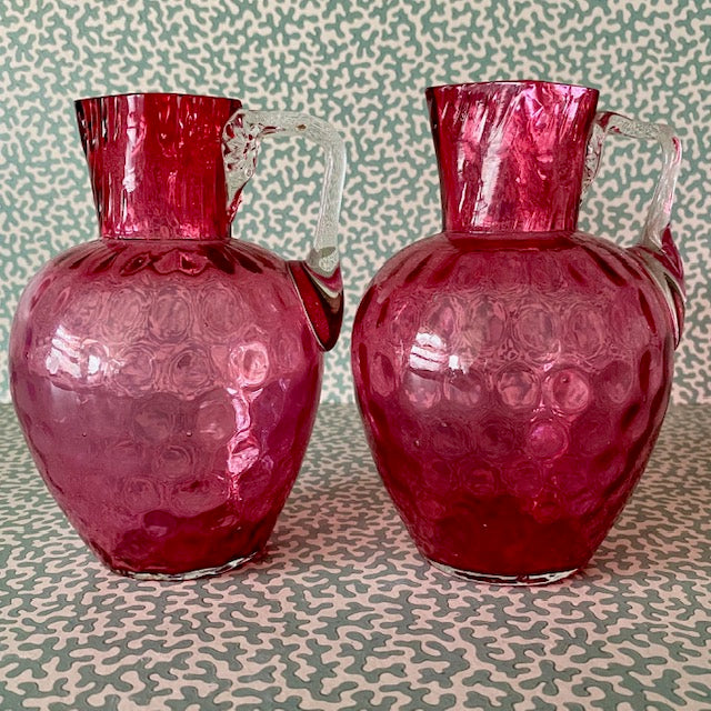 Pair Victorian Cranberry Glass Carafe Vases