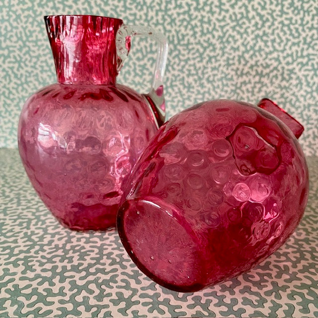 Pair Victorian Cranberry Glass Carafe Vases