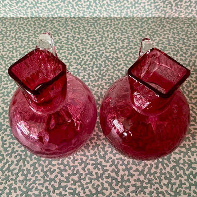 Pair Victorian Cranberry Glass Carafe Vases