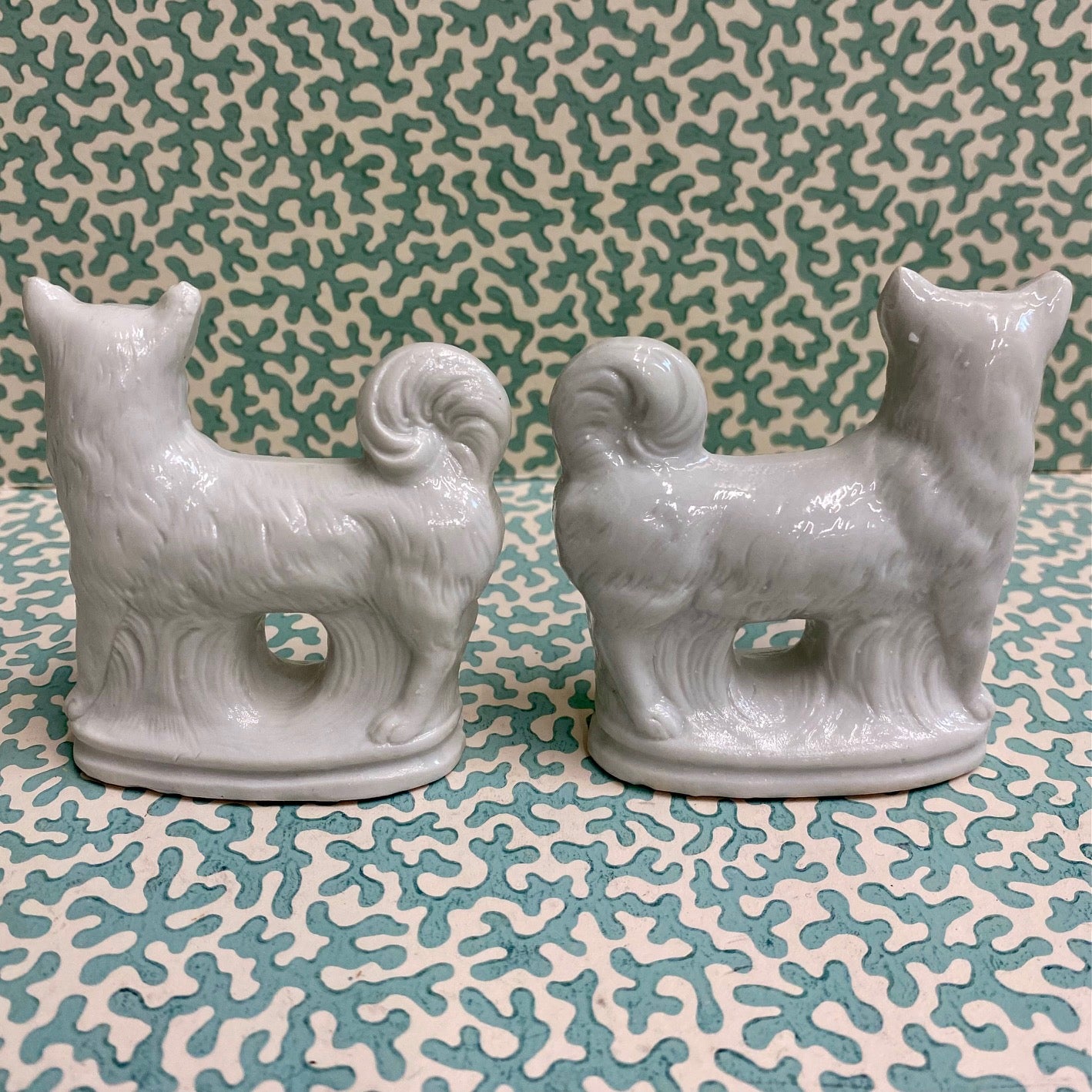 Pair Mini White Bisque Porcelain Standing Dog Figurines N41