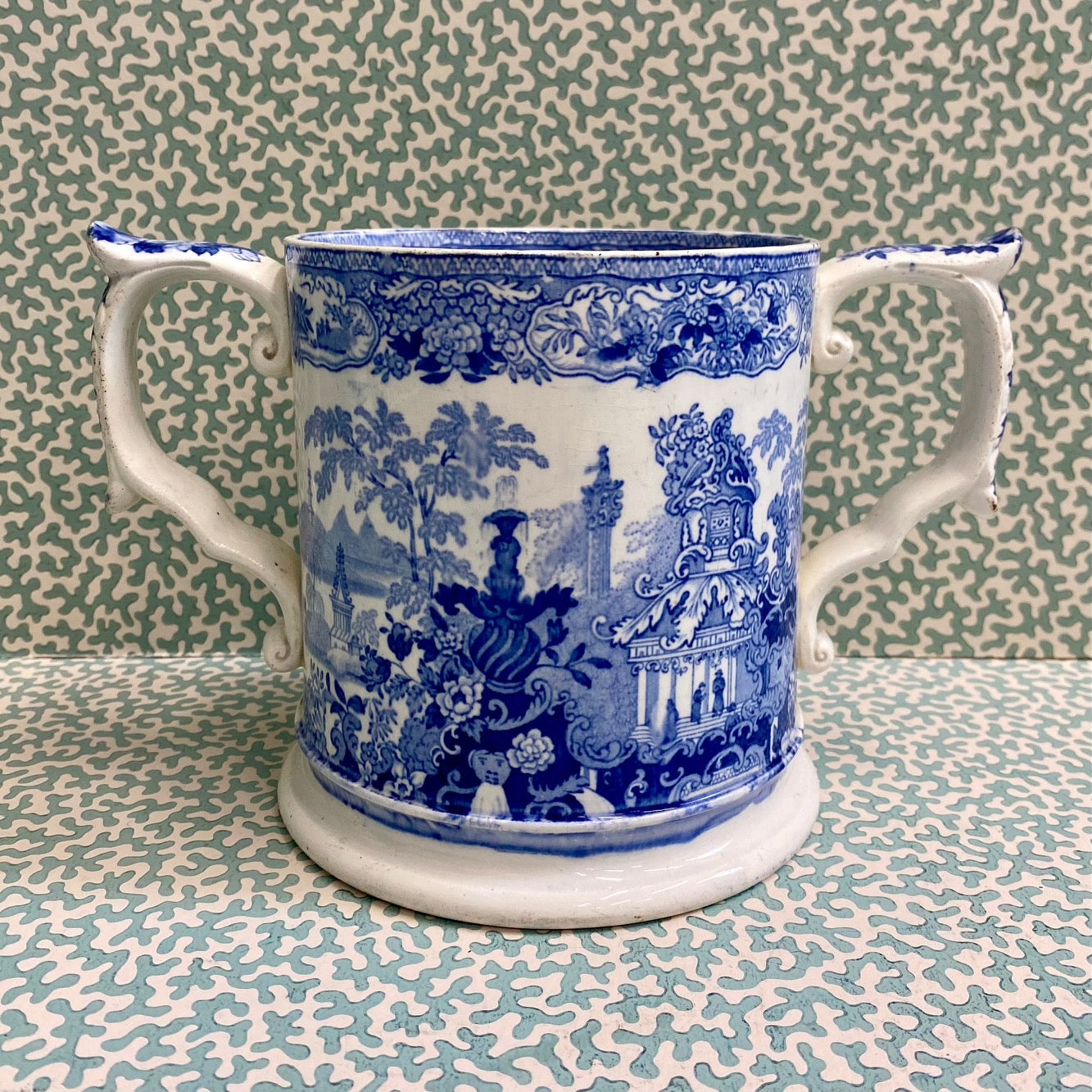 Large Blue & White Double Handled Loving Mug B106