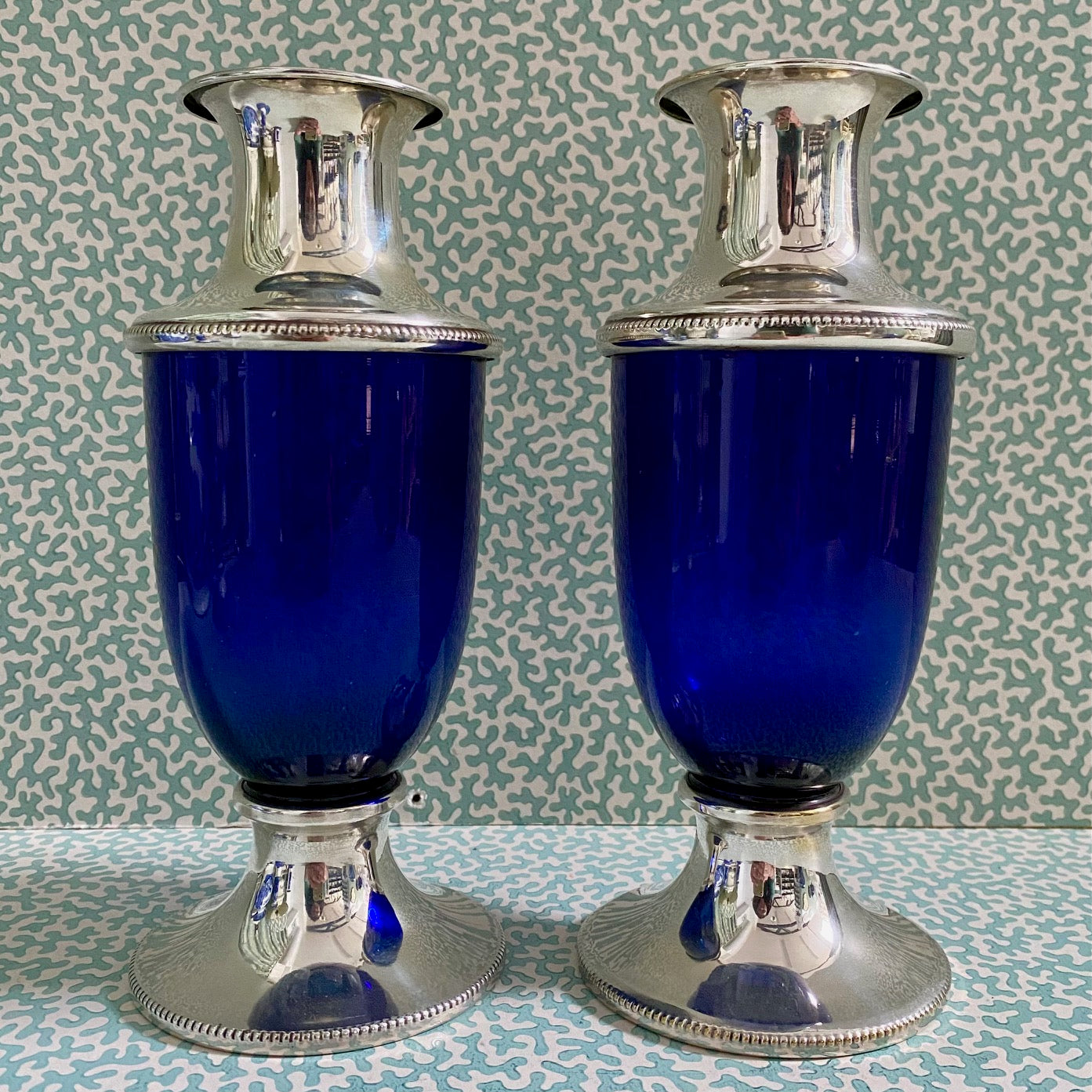 Pair Cobalt Blue Glass Silver Plate Vases G107
