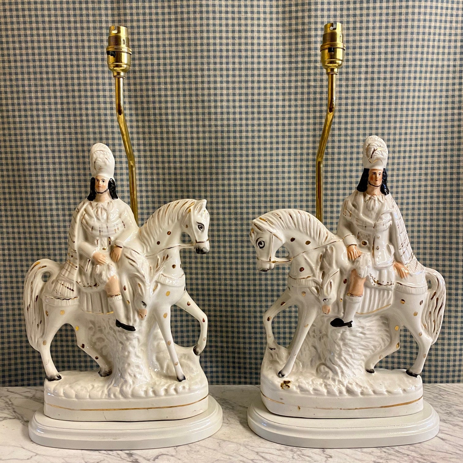 PAIR ANTIQUE STAFFORDSHIRE HORSEMEN LAMPS