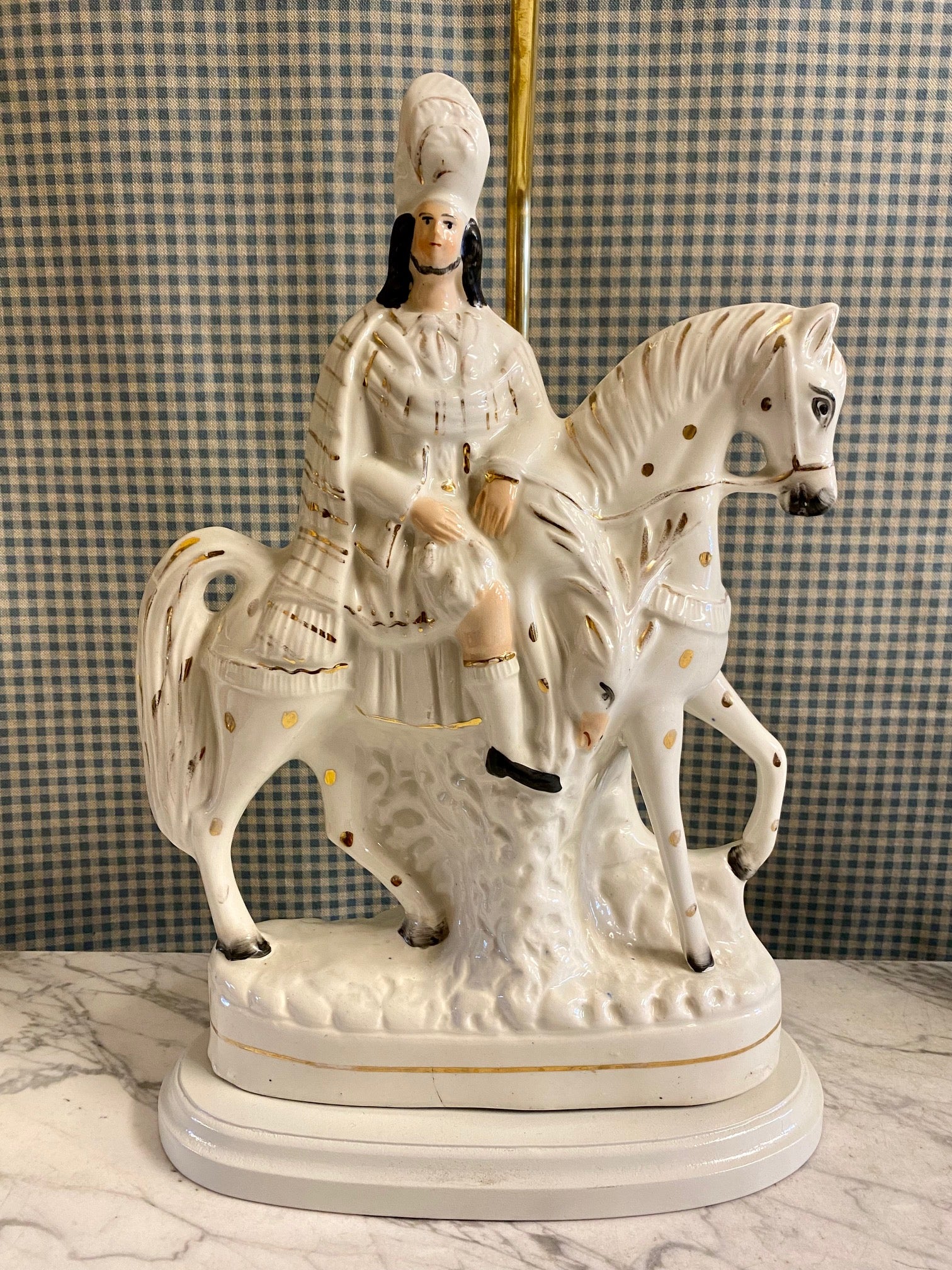 PAIR ANTIQUE STAFFORDSHIRE HORSEMEN LAMPS