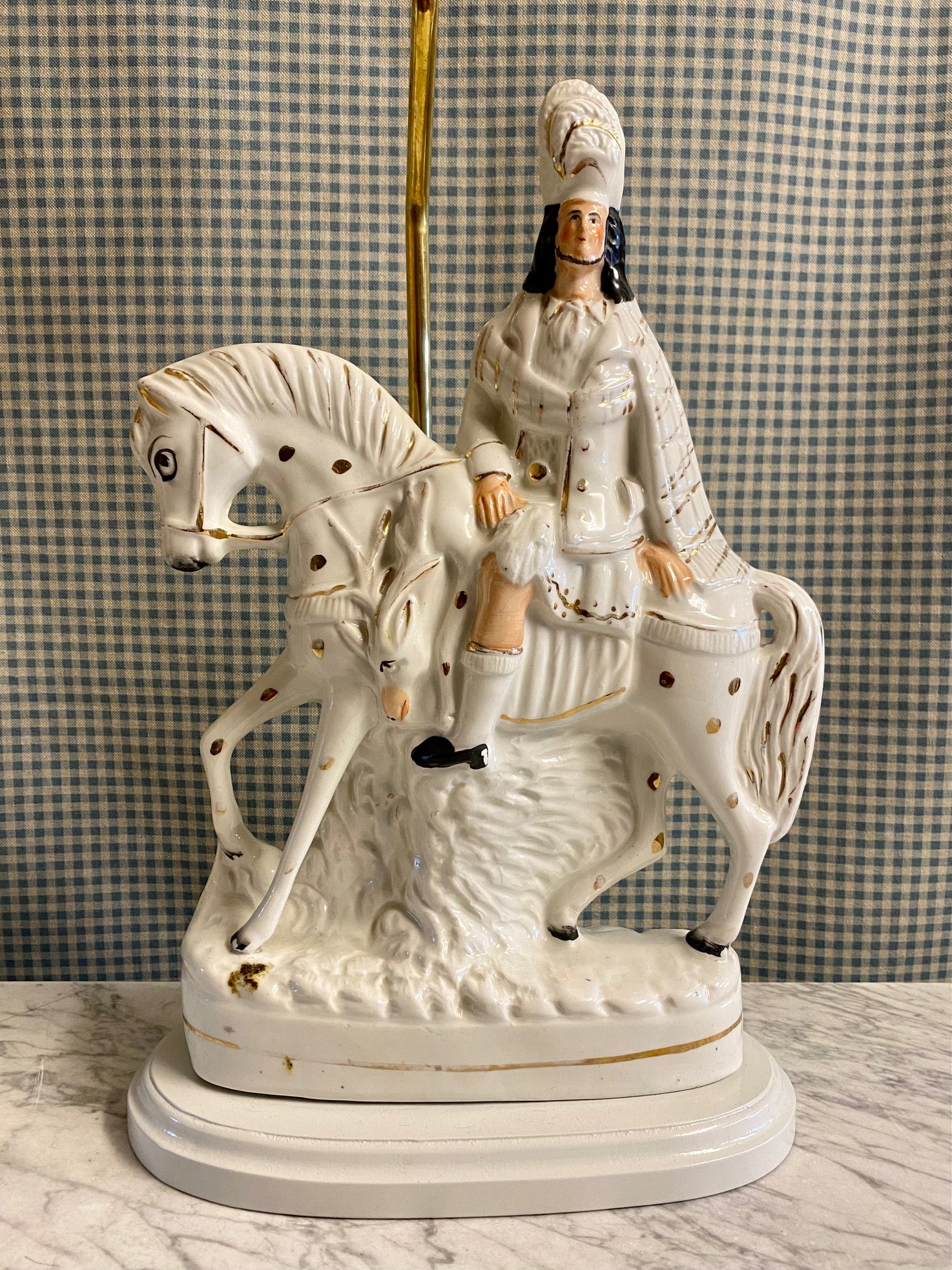 PAIR ANTIQUE STAFFORDSHIRE HORSEMEN LAMPS
