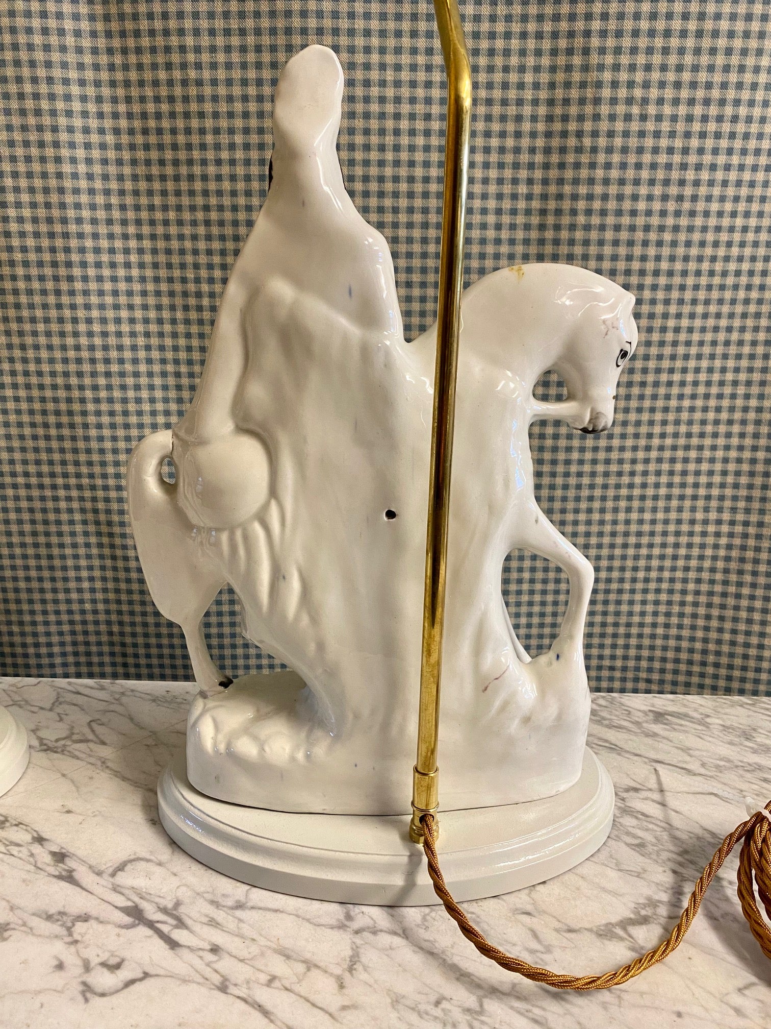 PAIR ANTIQUE STAFFORDSHIRE HORSEMEN LAMPS