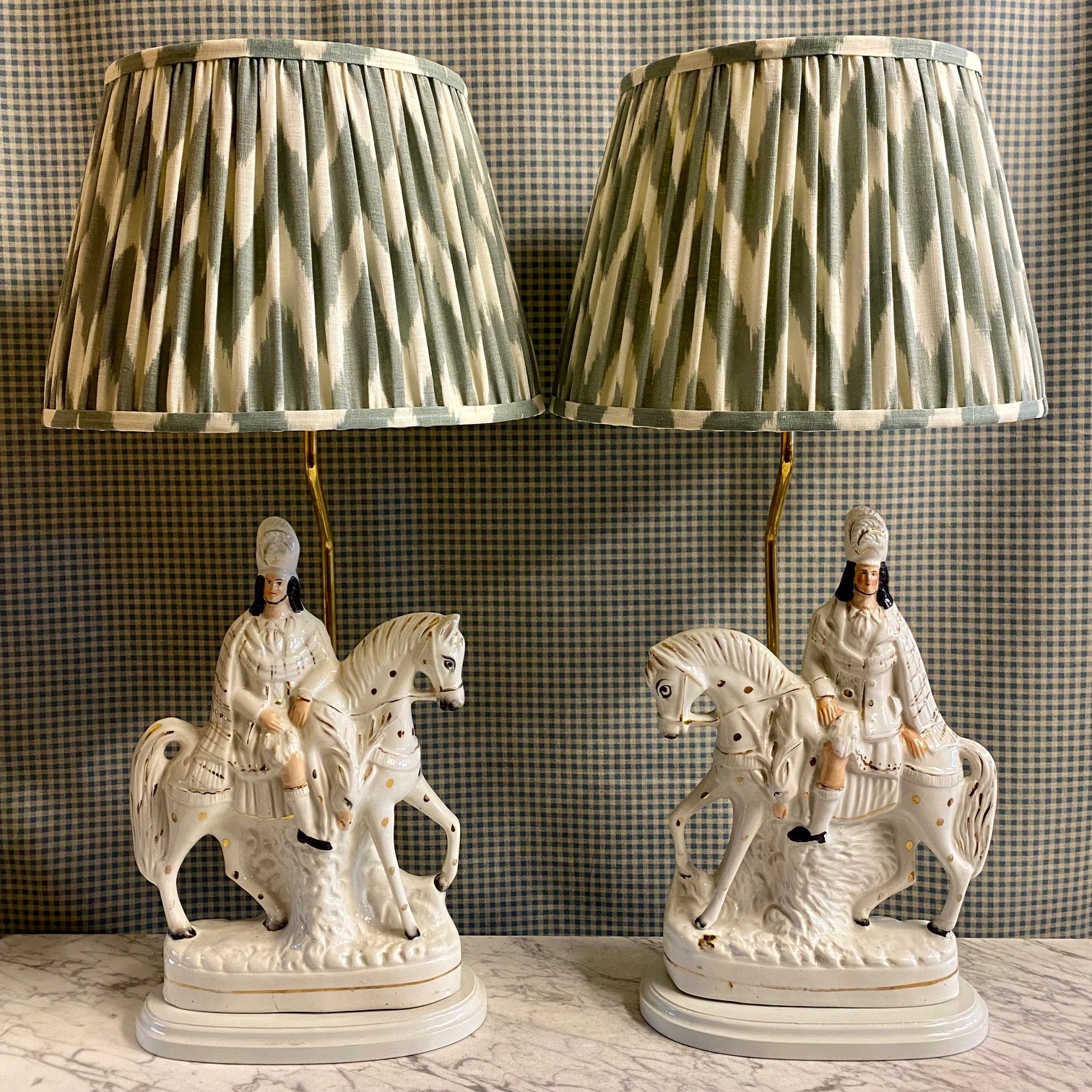 PAIR ANTIQUE STAFFORDSHIRE HORSEMEN LAMPS