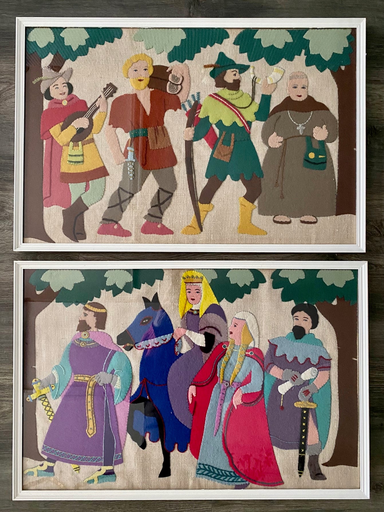 PAIR VINTAGE FELT ROBIN HOOD & MAID MARION PICTURES