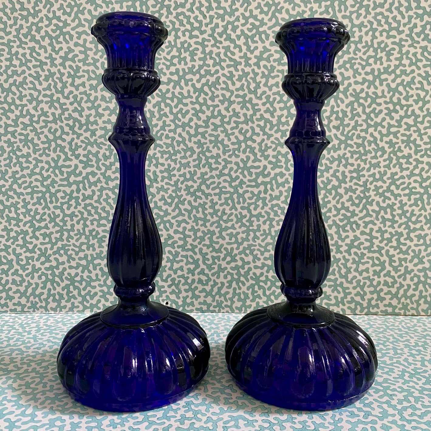 Pair Dark Blue Glass Candlestics F187